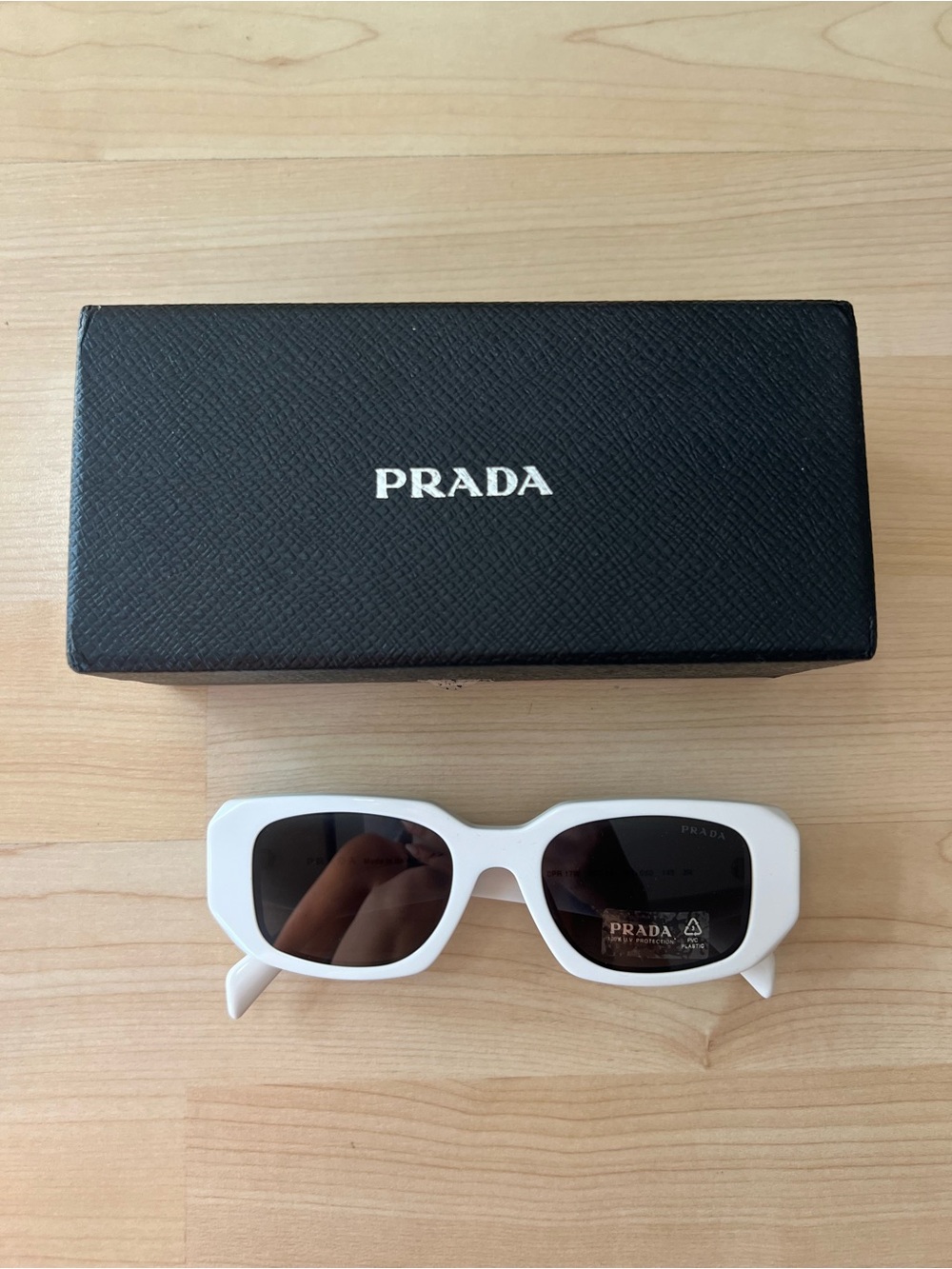 Prada White Rectangular Women's Sunglasses with Dark Lenses
